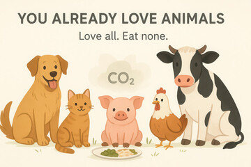 illustration of concept of veganism, vegan quotation and philosophy with all animals in happiness