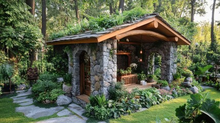 A luxury dog house with a rooftop garden, featuring natural stone walls, an open porch area, and lush plants growing around the structure