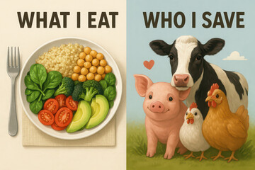 illustration of concept of veganism, vegan quotation and philosophy with a vegan plate of veggies and happy animals