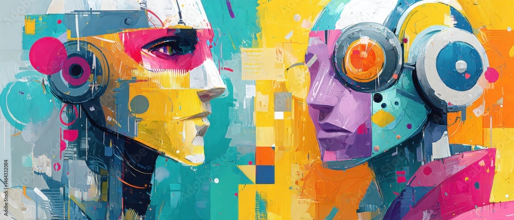 Poster abstract ai robots with headphones in colorful digital painting style concept of artificial intellig