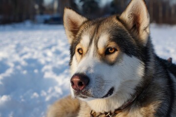 Obraz premium Majestic Alaskan Malamute Dog Portrait in Winter Snow Landscape Outdoors