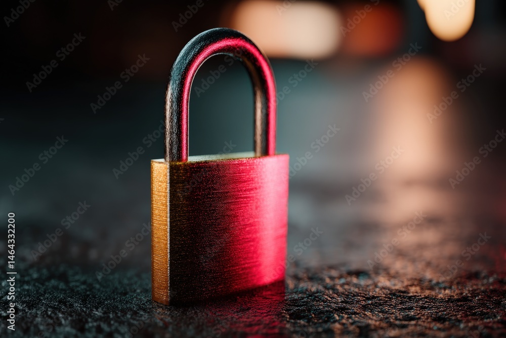 Aufkleber detailed close-up of an intricately designed padlock reflecting vibrant light in a darkened environm