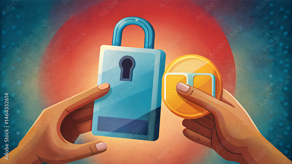 Poster hand using phone with padlock representing cyber security and data protection