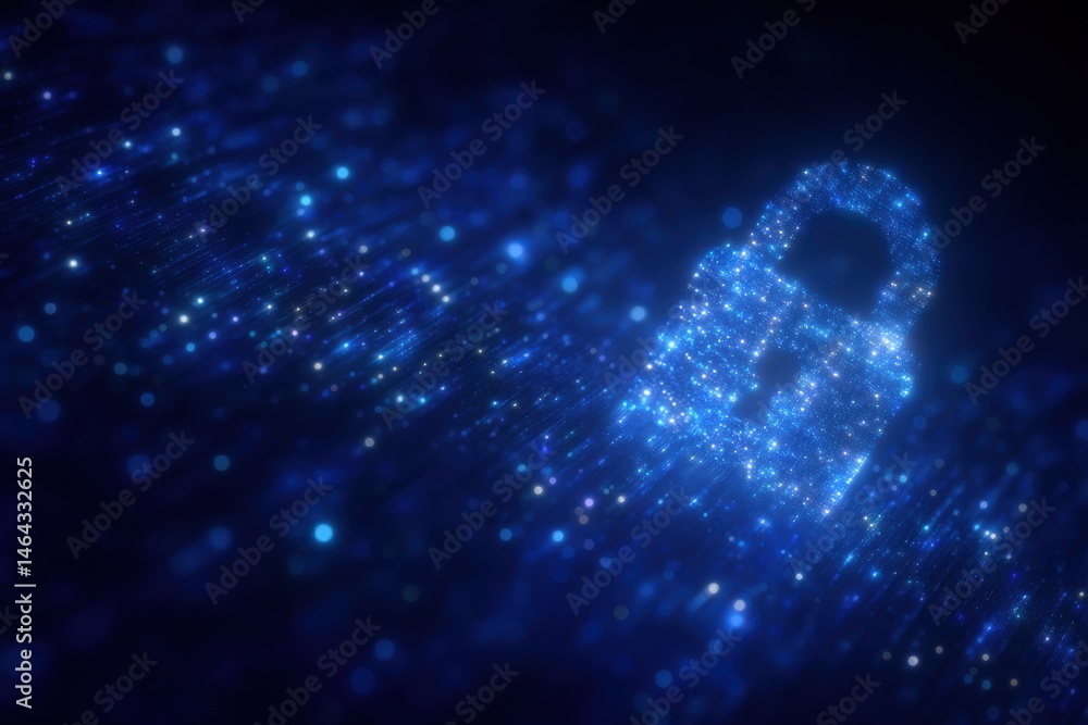 Poster digital padlock shimmering with blue lights symbolizing cybersecurity and data protection set agains