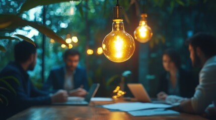 Collaborative meeting under glowing bulbs in a lush, vibrant, natural setting