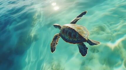 Obraz premium majestic sea turtle glides effortlessly through the crystal-clear ocean, its flippers moving gracefully as sunlight filters through the water