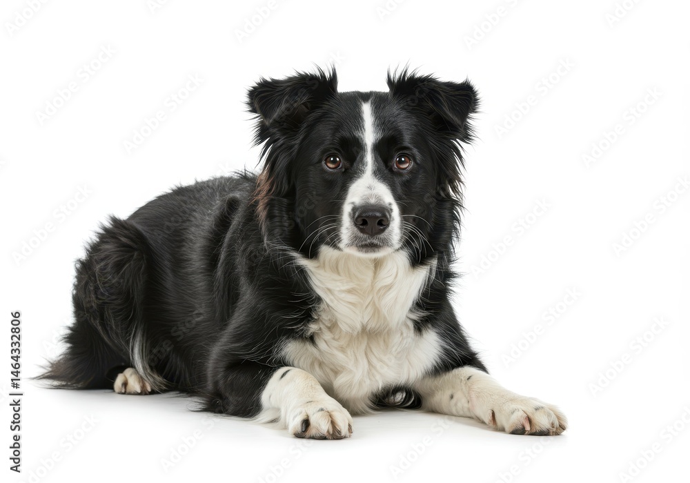 Poster attentive border collie lying down on a white background looking directly at the camera with a serio