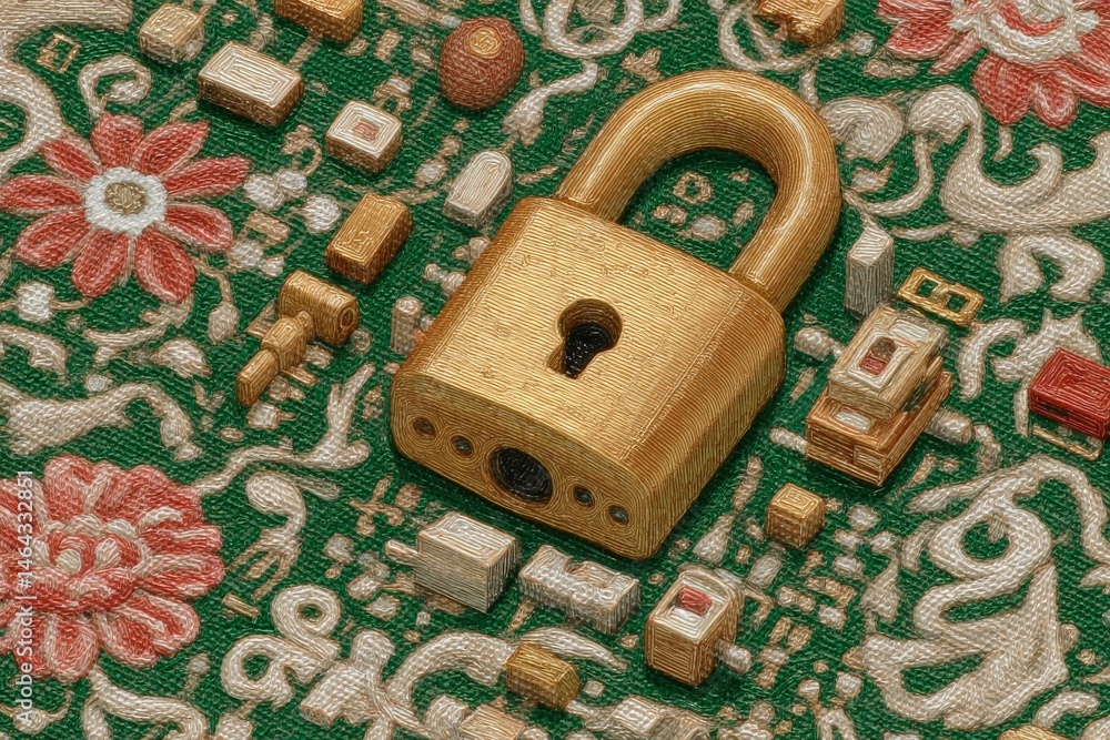 Poster golden padlock resting on an intricate patterned green background filled with various shapes and des