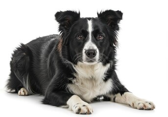 Fototapeta premium Attentive border collie with black and white fur lying down on a white background looking at the camera