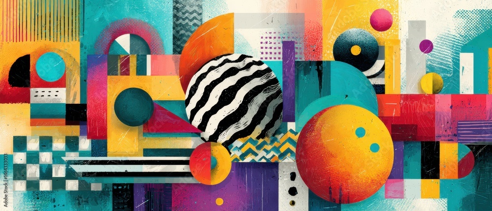 Poster vibrant abstract geometric art with bold shapes and retro color palette, creating a dynamic and mode