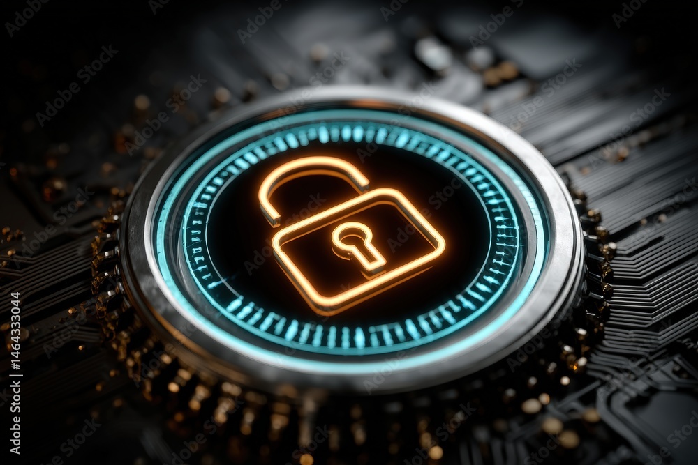 Poster high-tech digital lock symbol on circuit board showcasing cybersecurity innovation and modern techno