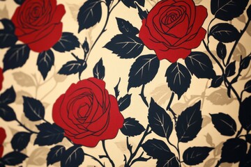 Floral pattern with red roses and dark leaves for wallpaper, fabric, and decorative design.