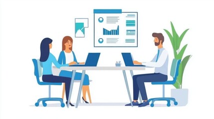 Collaborative business meeting illustration, focusing on teamwork and data analysis