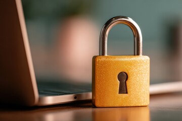 Fototapeta premium Yellow padlock symbolizing security placed next to a modern laptop on a wooden desk illustrating digital safety practices and the importance of protecting personal data