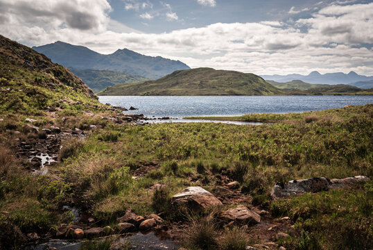 A bright, summer landscape, HDR image of Loch Kernsary and surrounding countryside, Poolewe, Wester-Ross, Scotland.