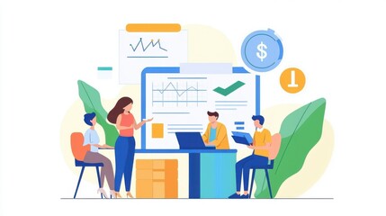 Strategic business meeting illustration focused on financial data presentation