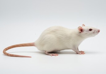 Side view of a white rat with pink ears and tail against a plain white background