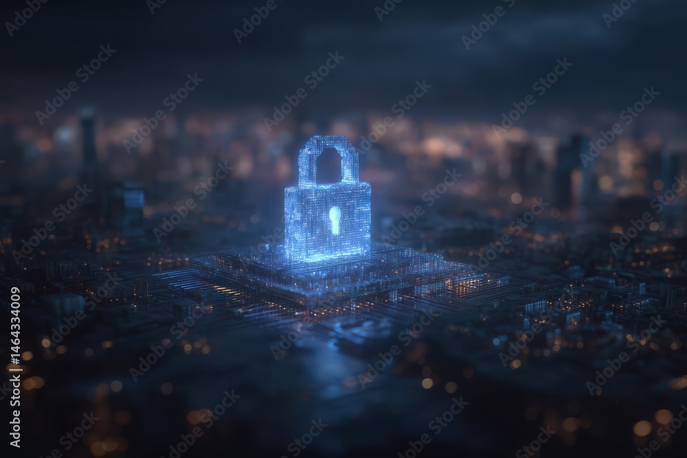 Poster futuristic digital lock symbolizing cybersecurity robust protection against data breaches in a citys