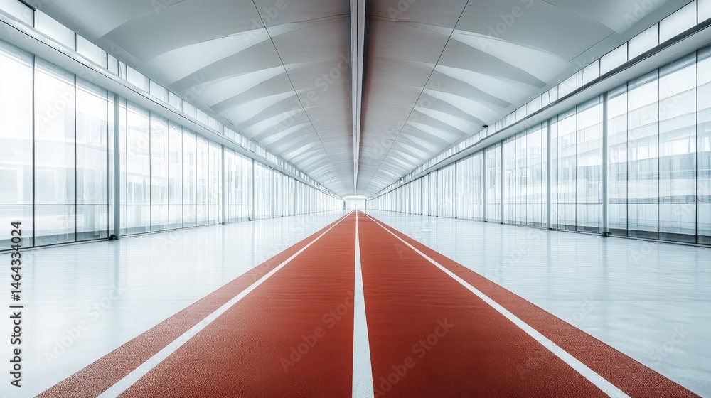 Poster a minimalist composition featuring an empty indoor running track with polished flooring and modern a
