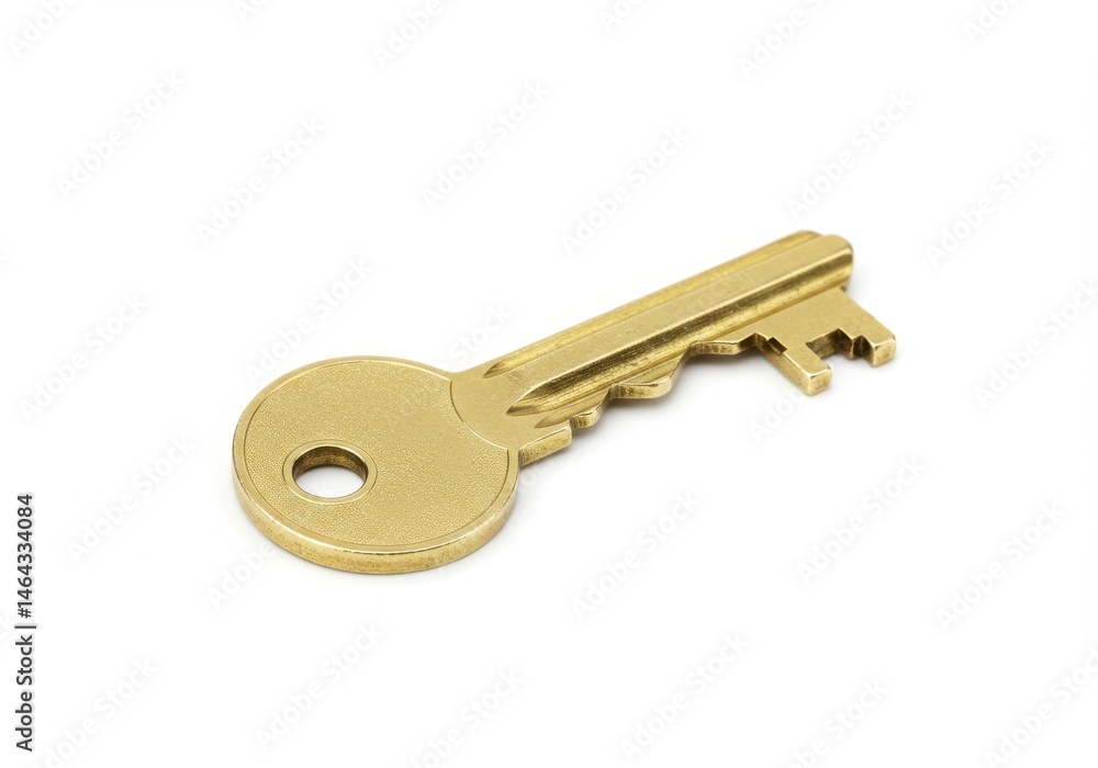 Poster close-up view of a single brass key with a circular head and intricate teeth on a white background