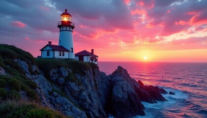 Solitary lighthouse on rocky outcrop at sunset, coast, dramatic, sea