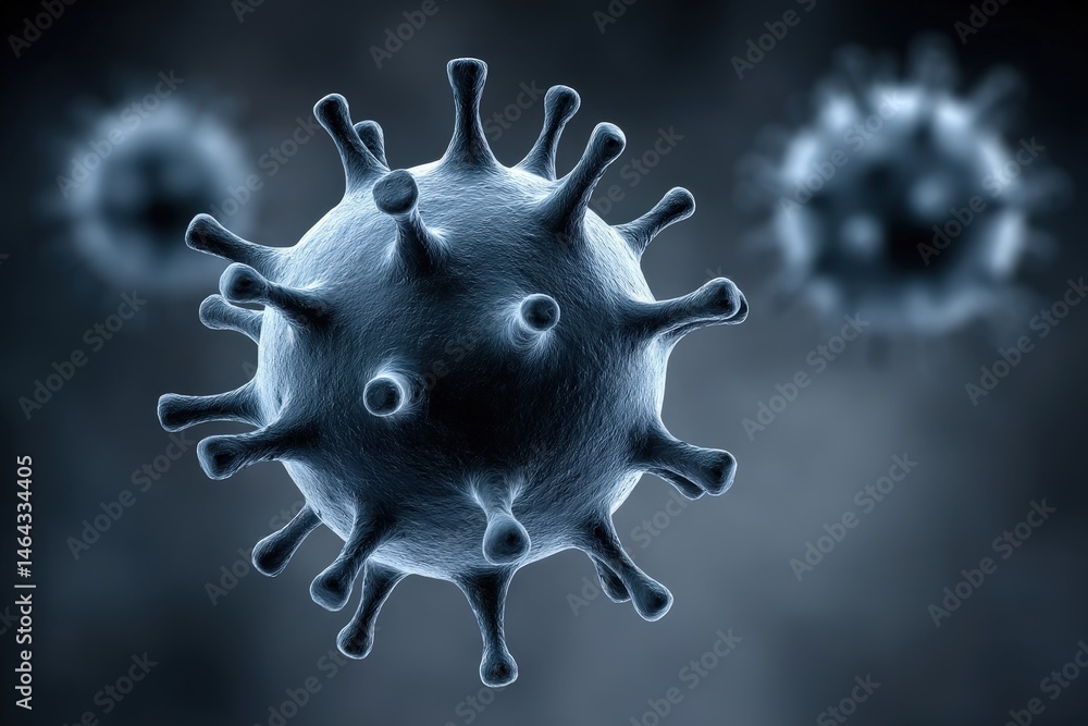 Poster microscopic view of virus particles displaying detailed structure and texture in a dark, atmospheric