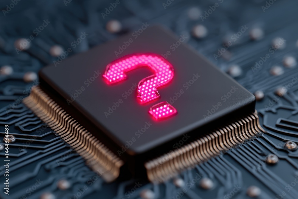 Poster modern circuit board detail featuring glowing question mark symbolizing inquiry and technology explo