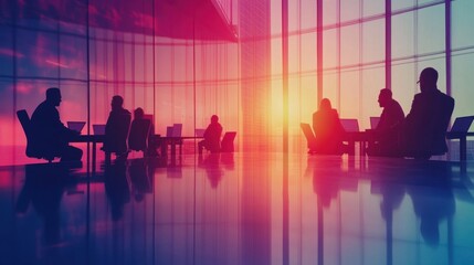 Fototapeta premium Corporate team synergy modern board meeting at sunset in contemporary office