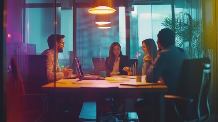 Business meeting in modern office, teamwork collaboration and night skyline view