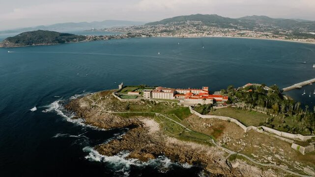 Panoramic Aerial View Of Fortress Monterreal, Hotel Parador On Top Of Coastal Rocky Hill, Baiona Spain