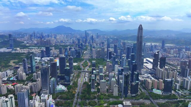 4K Futuristic Cityscape Drone Video - Shenzhen's Iconic Ping An Tower and Exhibition Hub in Futian District
