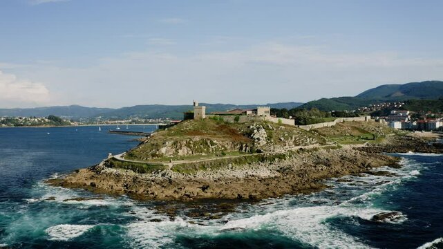 Hillside Aerial View Of Fortress Monterreal in Baiona Spain, On Rocky Oceanside Promontory