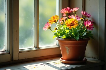 Fototapeta premium Wildflowers in a weathered terracotta pot, sun-drenched windowsill, light, old