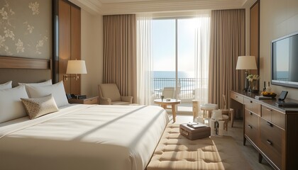 Stylish hotel bedroom with soft neutral tones, open suitcase on a velvet bench, cozy ambiance, sunlight filtering through sheer curtains, upscale travel atmosphere and the background is the beach