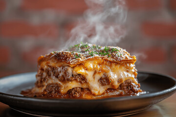 Macro photo of juicy lasagna on rustic plate with warm brick wall background, rich texture and natural lighting