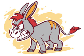 58 Cartoon angry donkey, stylized illustration, big ears, red mane, fierce expression, gritted teeth, gray fur, orange highlights, short tail, compact body, determined stance, textured background, vec