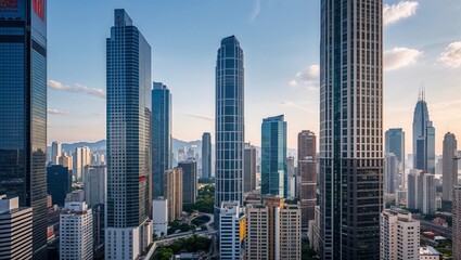 Obraz premium Dynamic skylines featuring iconic skyscrapers in New York City, Hong Kong, and Chicago showcase global urban architecture and bustling business districts