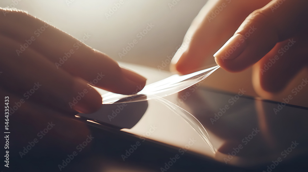 Poster applying a screen protector on a smartphone. ensuring device safety, reducing scratches, and preserv