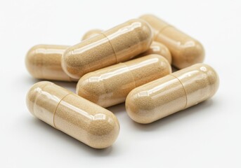 Close-up of several beige capsules scattered on a white surface, representing medication or supplements