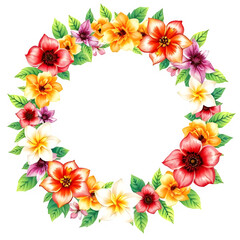 Obraz premium Watercolor Exotic Flowers Wreath PNG on Transparent Background , Botanical Isolated Spring Overlay, Floral Arrangement with Circle Frame,Colorful Flower Illustration for Summer Card Design