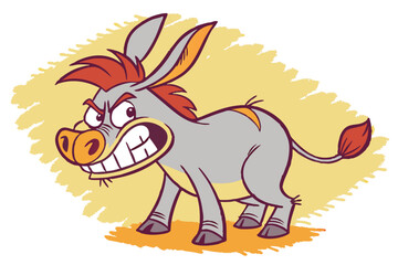 58 Cartoon angry donkey, stylized illustration, big ears, red mane, fierce expression, gritted teeth, gray fur, orange highlights, short tail, compact body, determined stance, textured background, vec