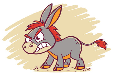 58 Cartoon angry donkey, stylized illustration, big ears, red mane, fierce expression, gritted teeth, gray fur, orange highlights, short tail, compact body, determined stance, textured background, vec