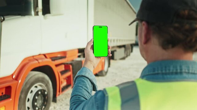 Man wearing denim shirt, high-visibility vest, and cap while holding smartphone with green screen. Raising device with one hand near large truck. Logistics and digital solutions concept.