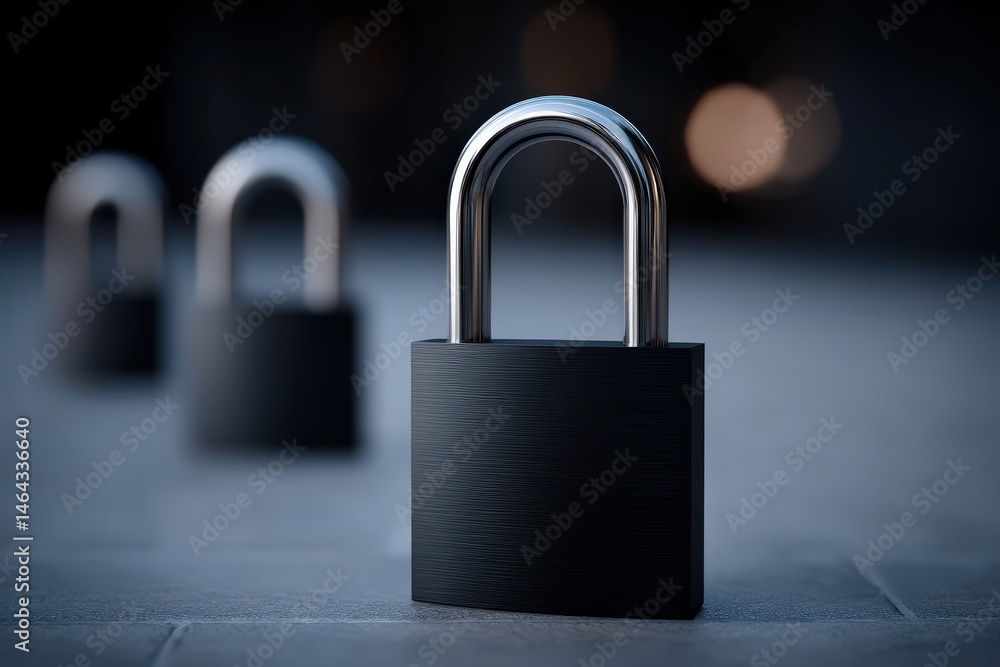 Poster close-up view of robust black padlock symbolizing security and protection with soft lighting enhanci