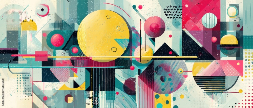 Poster vibrant geometric abstract art with circles, triangles, and lines in a retro modern style, creating 