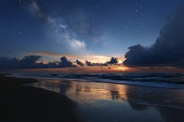Milky Way Over Ocean Waves at Sunset with Starry Night Sky