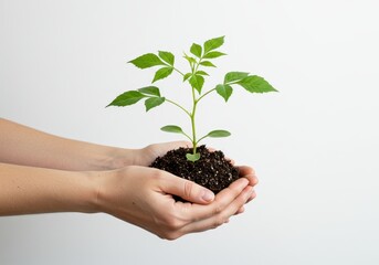 Hands holding a small green plant with soil against a plain white background in a studio
