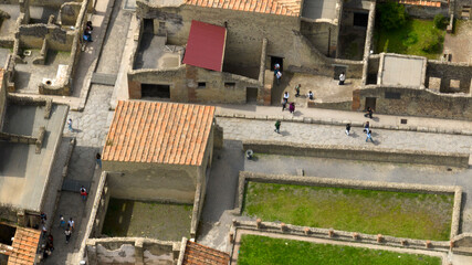 Aerial view of the street, ruins and excavations of Herculaneum. It is an archaeological area of...