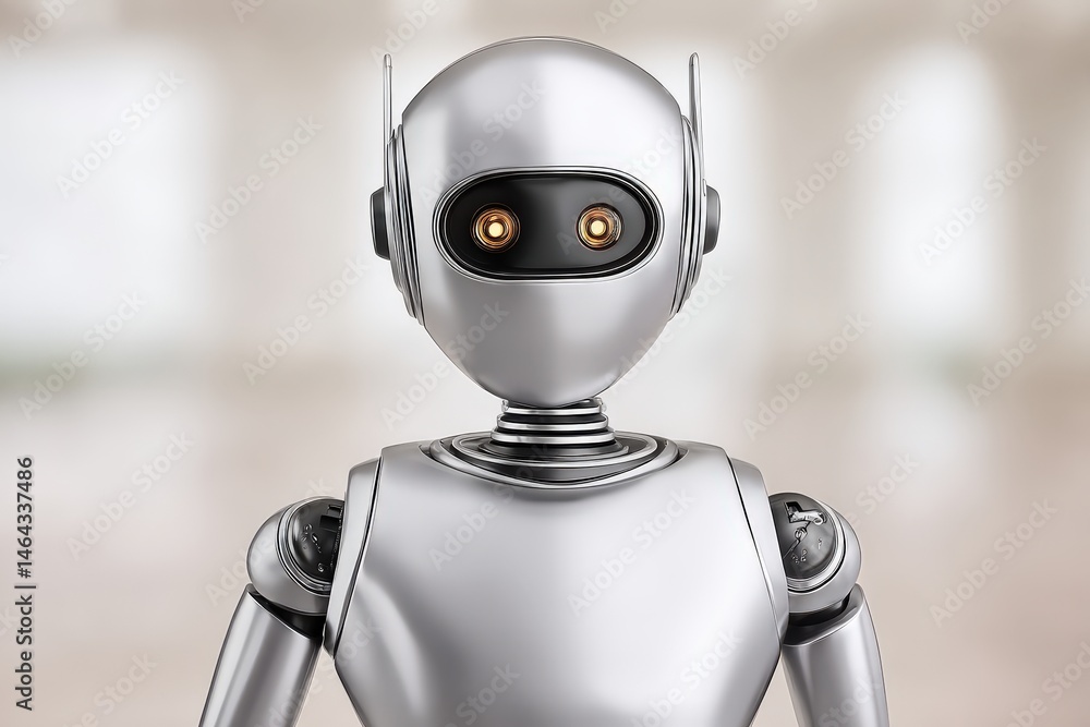 Poster futuristic silver robot with expressive eyes showcasing advanced design elements symbolizing the int