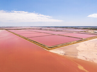Aigues-Mortes, Camargue, France,  the largest mediterranean salt marshes in beautiful pink and red colors, for production of table salt  